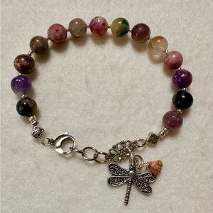 Colorful Genuine Tourmaline  Beaded Bracelet with Dragonfly Charm 8 mm beads